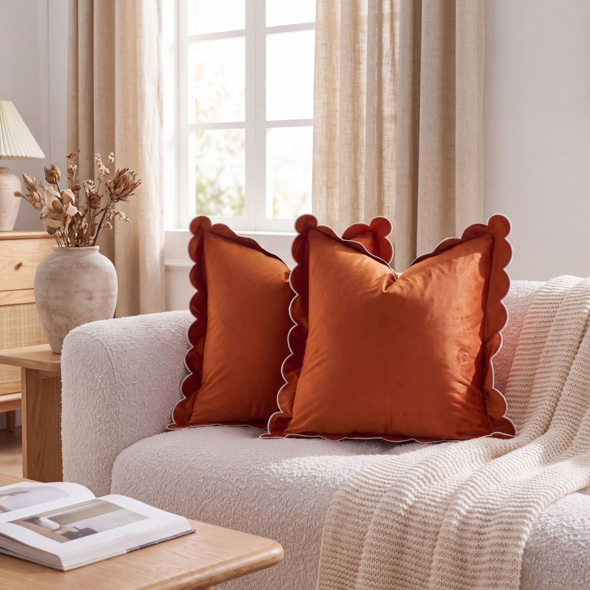 Velvet Scalloped Edge Square Decorative Throw Pillow Cover