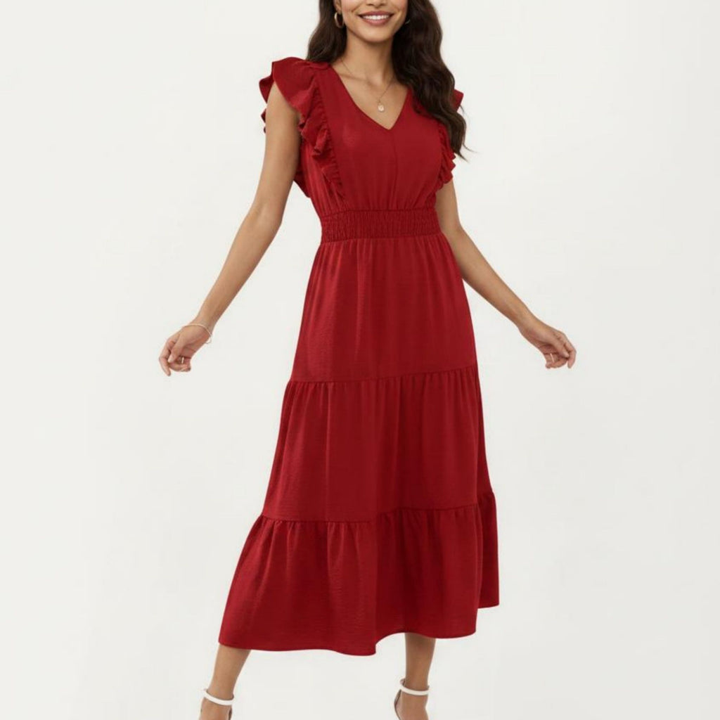 Anna-Kaci Women's Tiered Midi Dress with Ruffle Sleeves and Smocked Waist