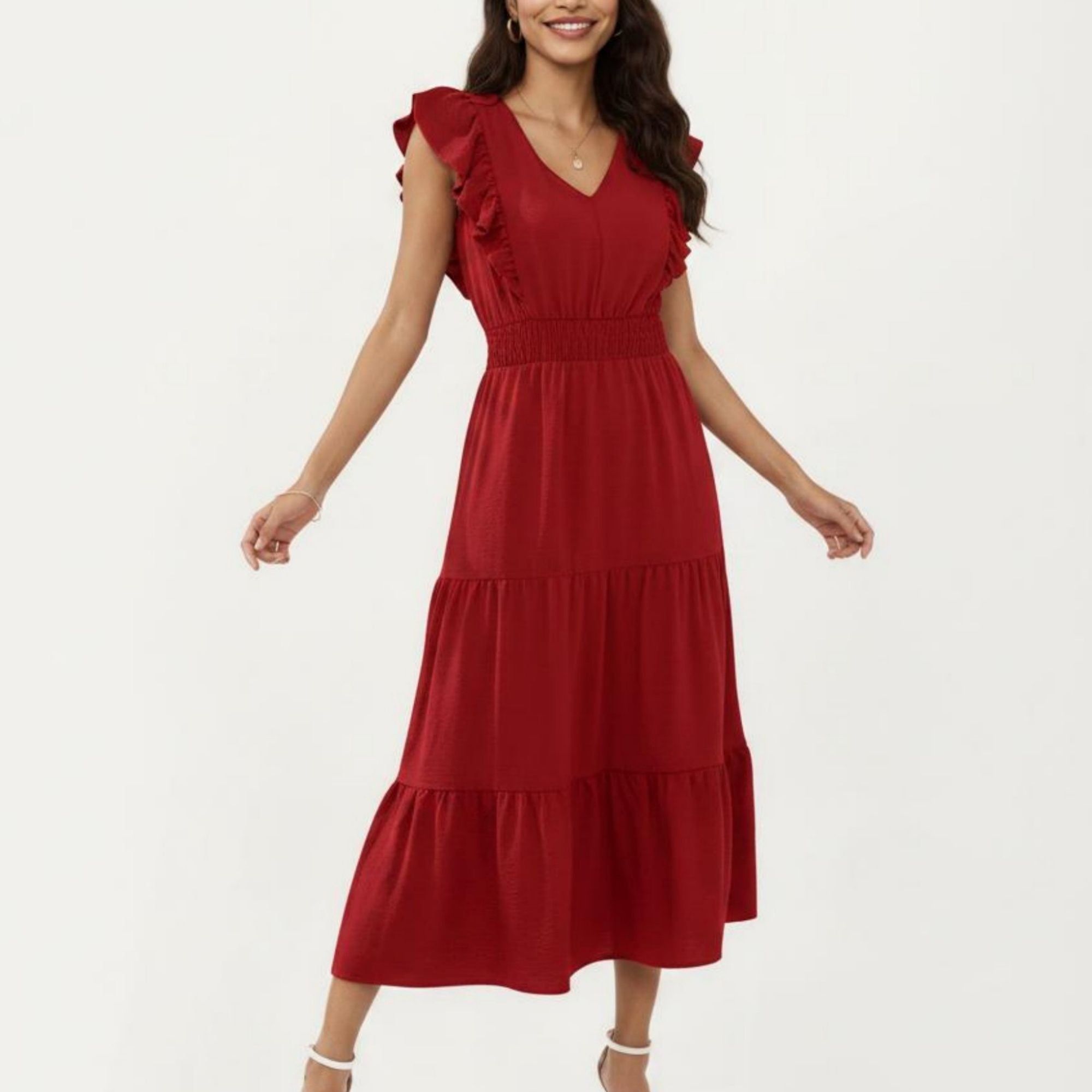 Anna-Kaci Women's Tiered Midi Dress with Ruffle Sleeves and Smocked Waist