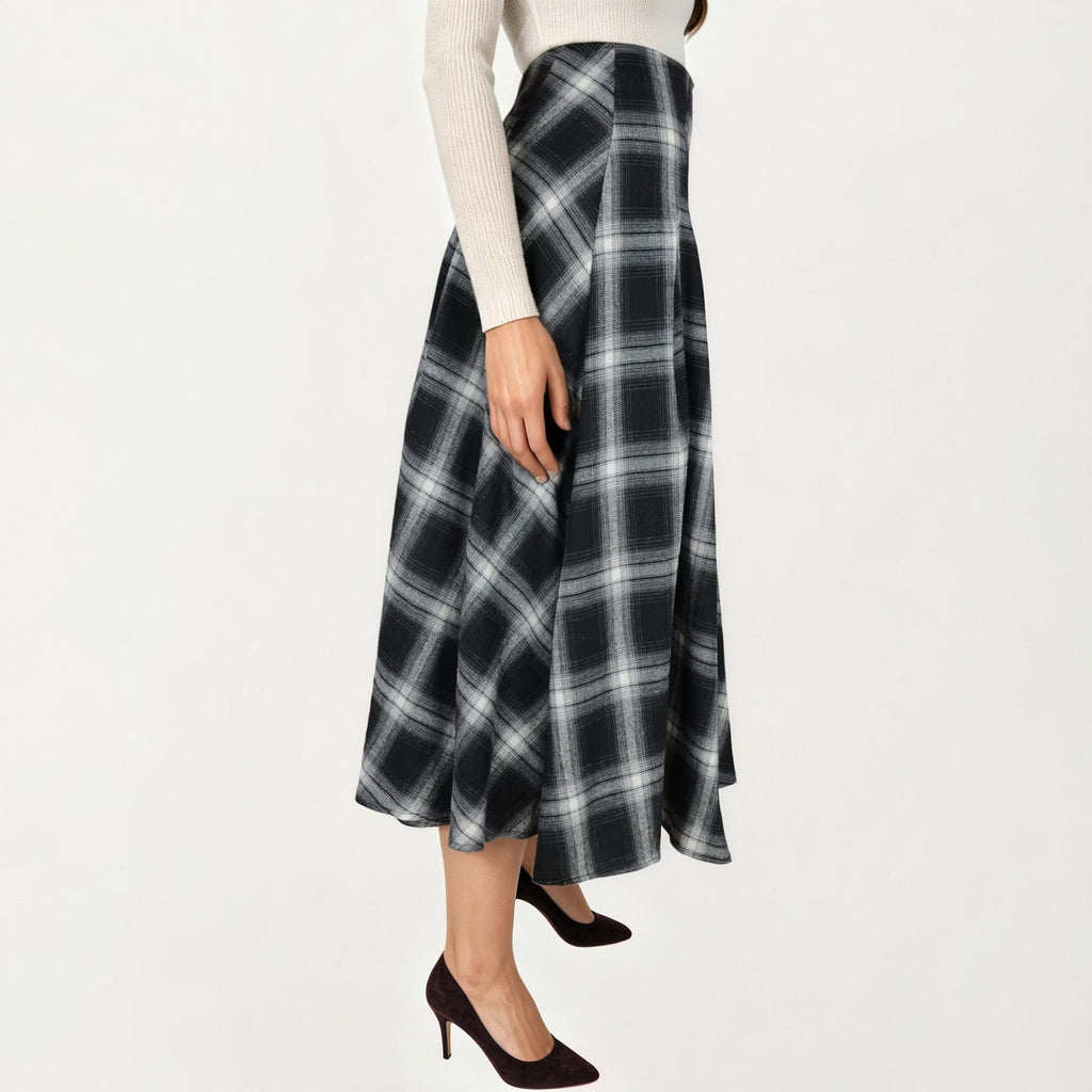 Anna-Kaci Women's Plaid Midi Skirt with A-Line Silhouette Flowy Hem High Waist Design Classic Check Pattern Skirt