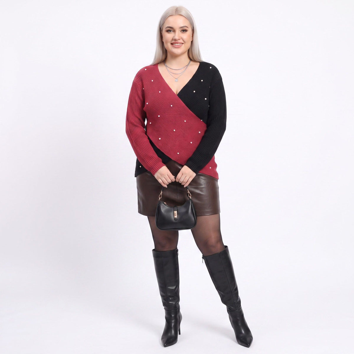 Plus Size Faux Pearl Colorblock Wrap Front Sweater