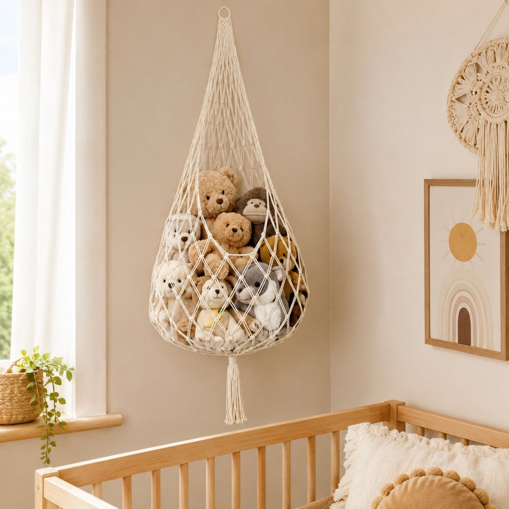 Macrame Hanging Stuffed Animal Storage Net Cotton Rope Corner Organizer