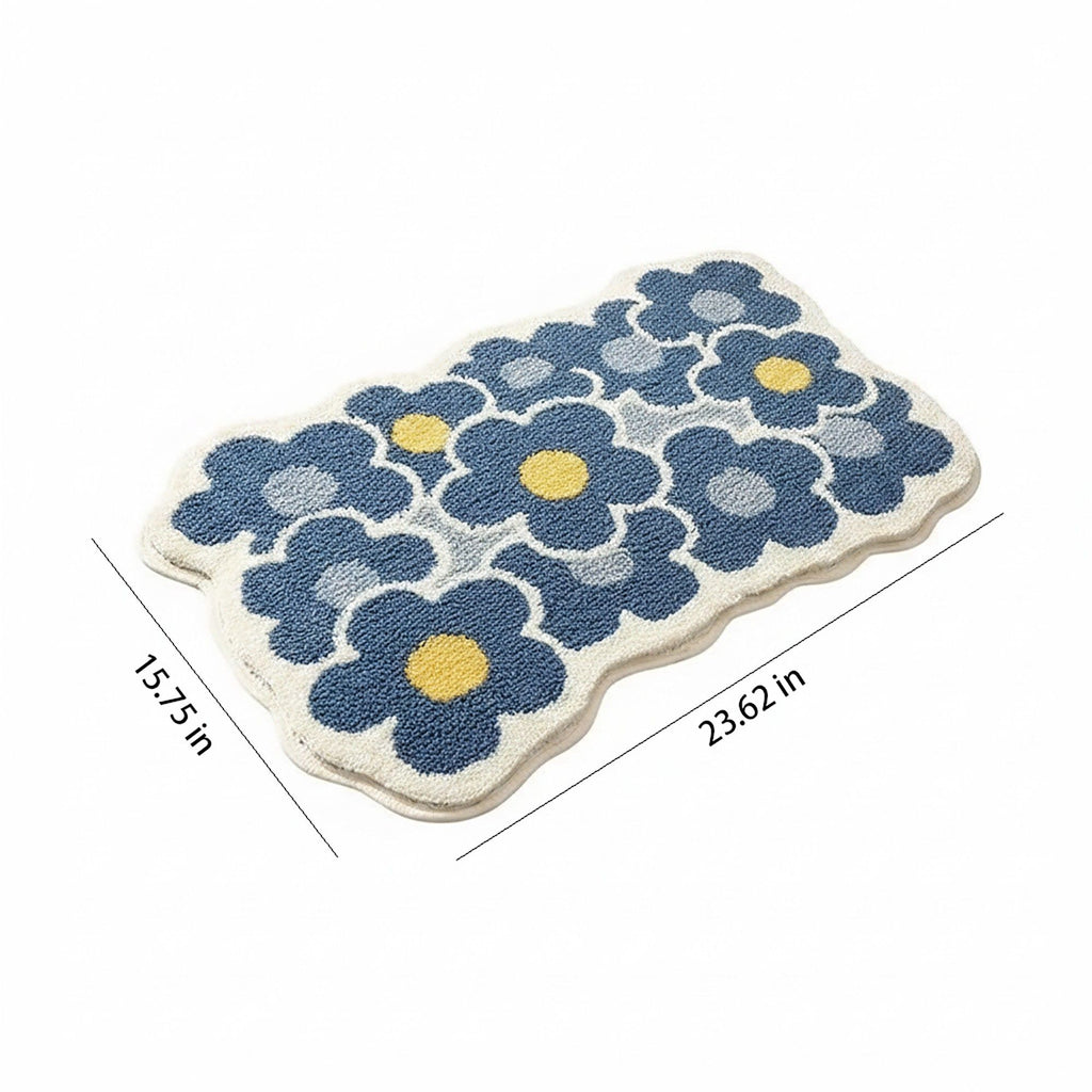 Tufted Floor Mat with Floral Daisy Pattern Non Slip Backing Soft Plush Decorative Scalloped Edge Rug