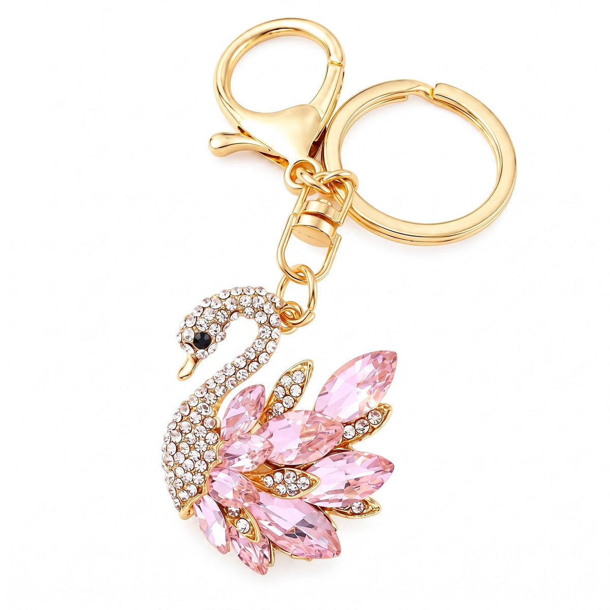 Swan Rhinestone Keychain Bag Charm with Crystal Petal Accents and Gold Tone Clasp