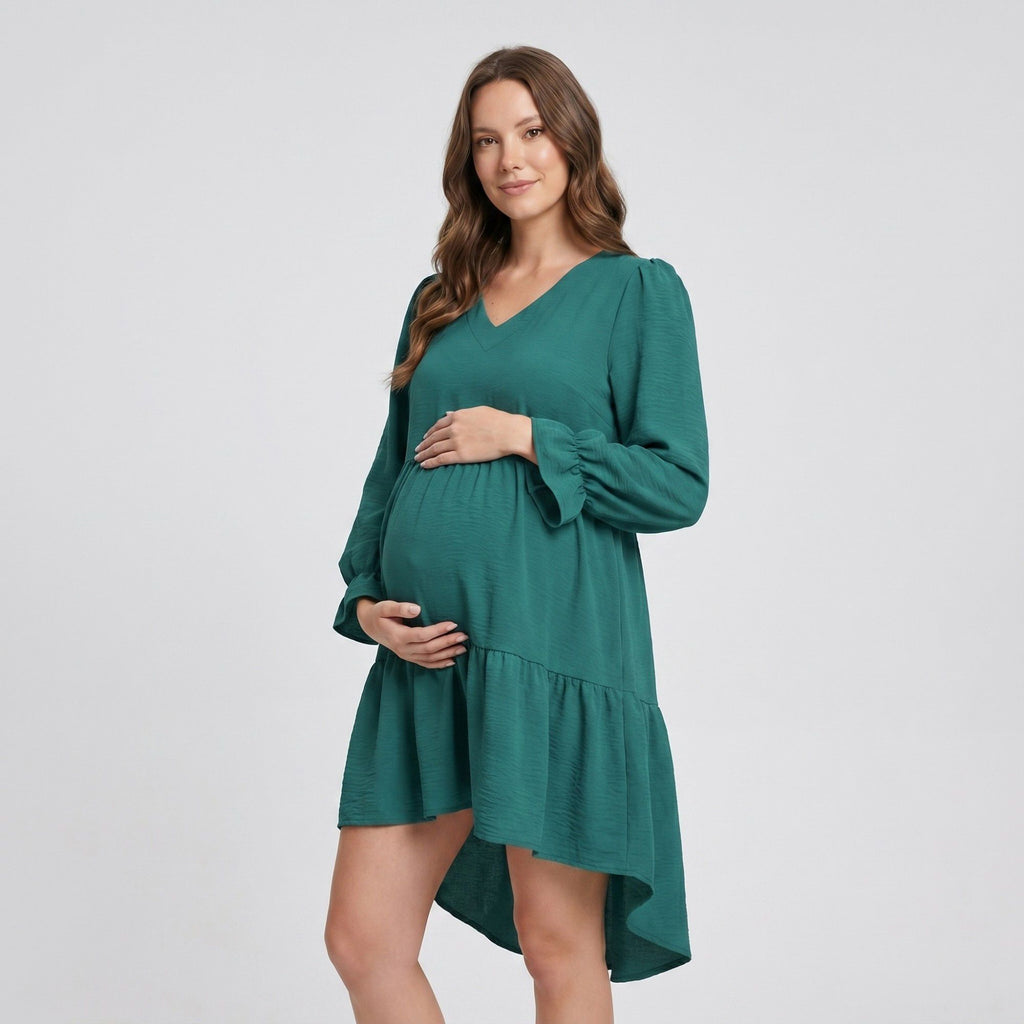 Anna-Kaci Women's Maternity V Neck High Low Mini Dress with Long Sleeves and Tiered Hem