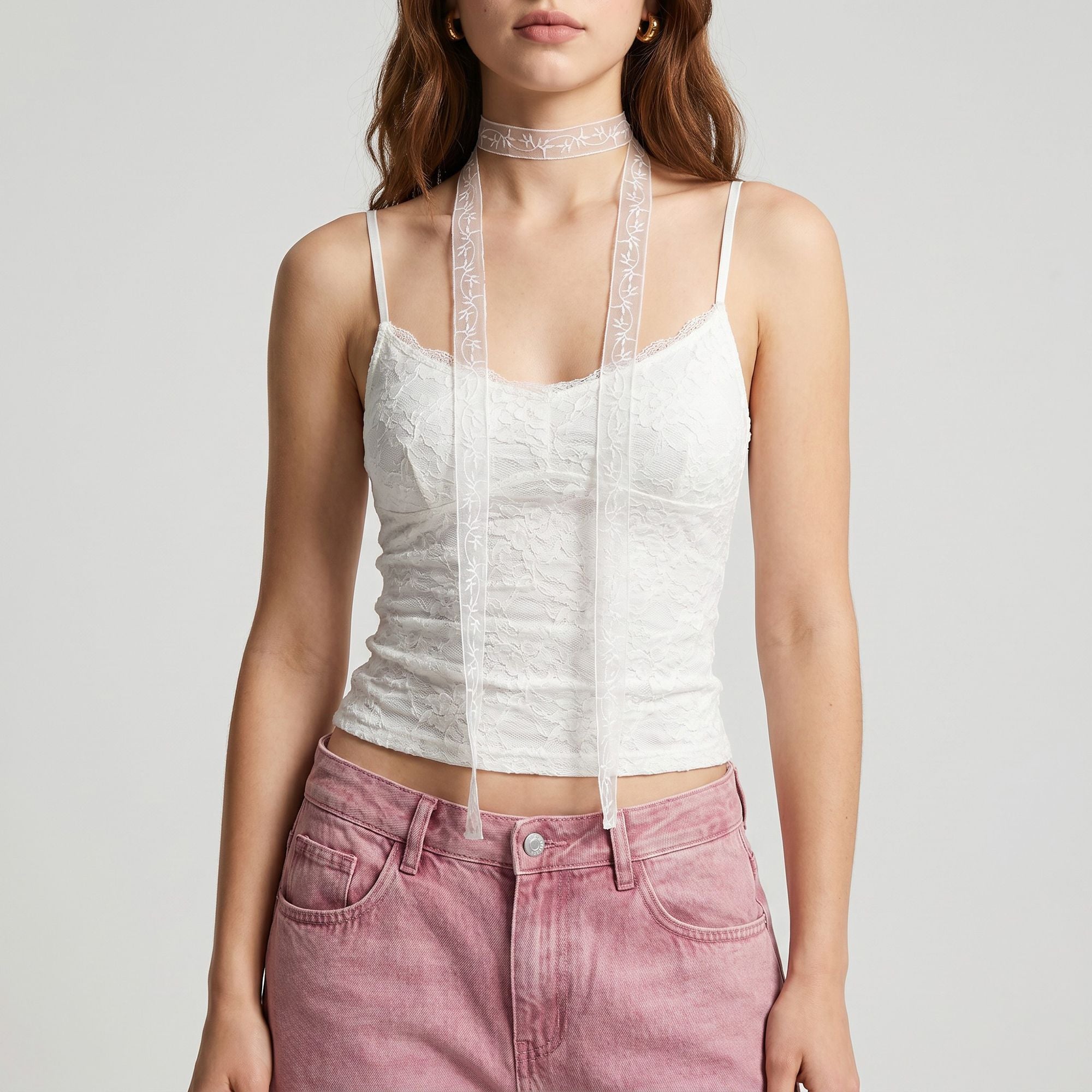 Sheer Embroidered Skinny Scarf with Vine Detail and Long Neck Tie Design
