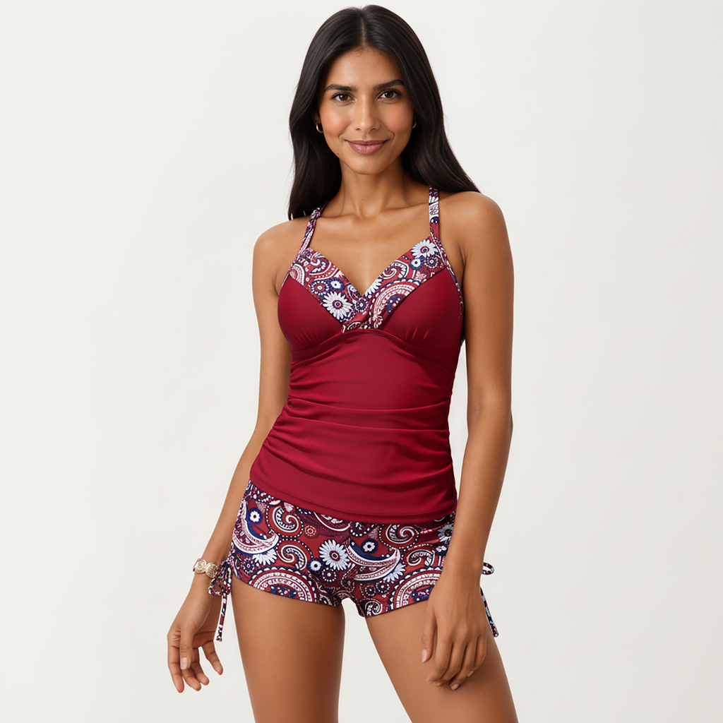 Anna-Kaci Women's 2-Piece Tankini Swimsuit Set with Paisley Print Boyshort Bottoms and V-Neck Top