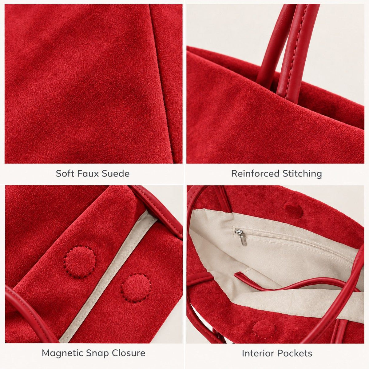 Faux Suede Tote Bag with Double Shoulder Handles Magnetic Closure and Interior Pockets