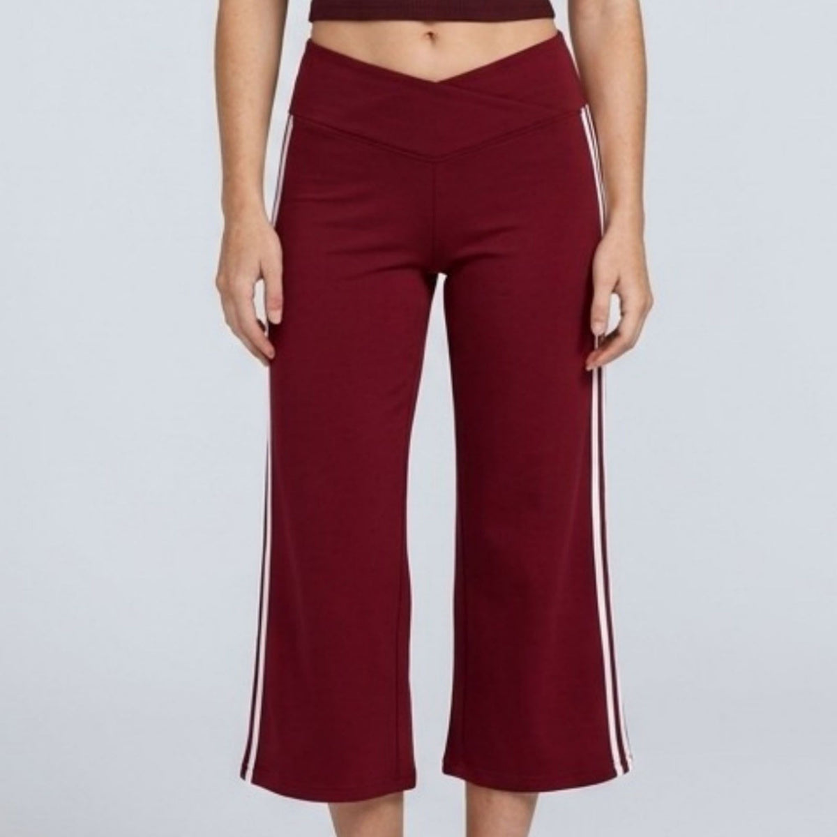Crossover Waistband Side-Stripe Cropped Wide-Leg Trousers