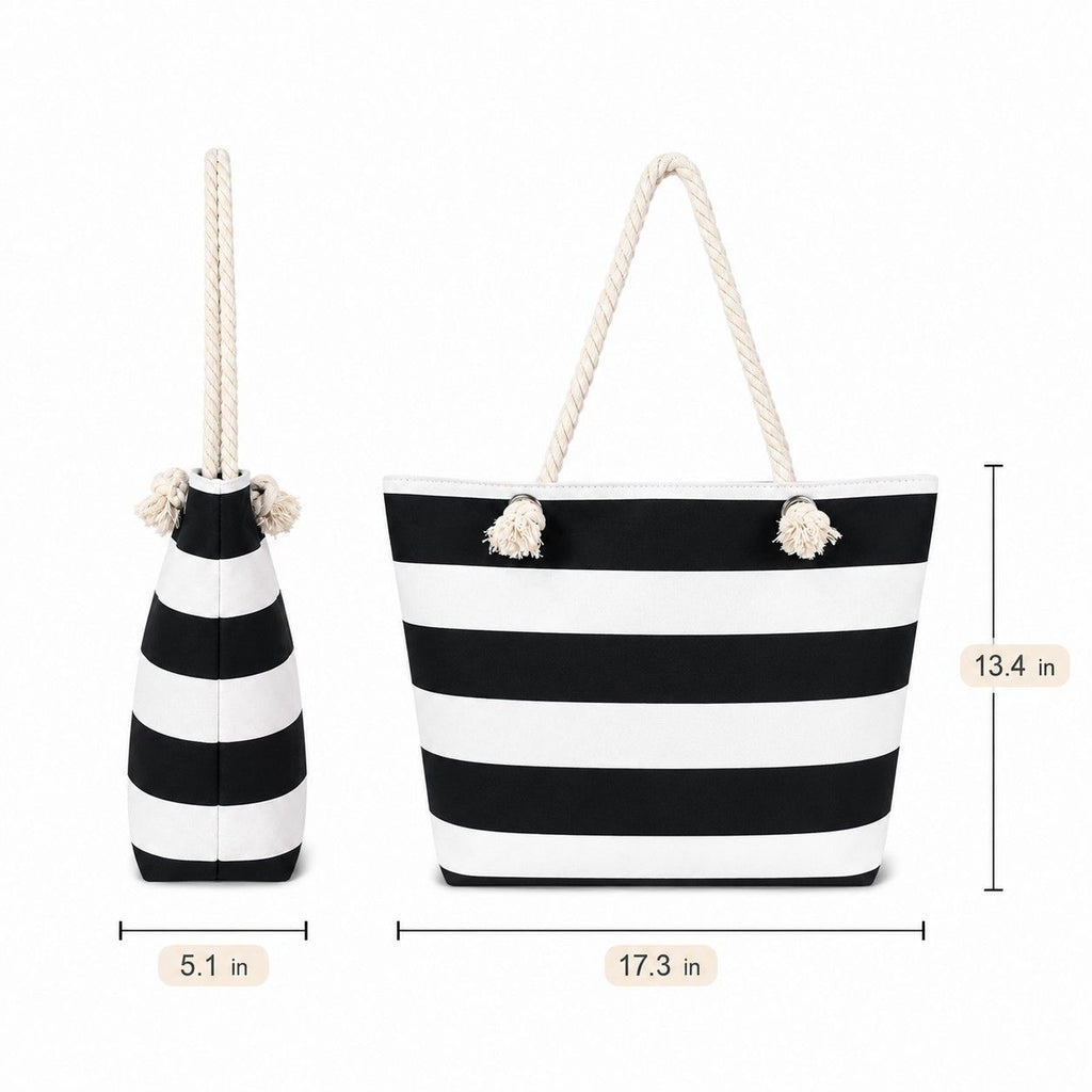 Striped Canvas Beach Tote Bag with Zip Closure and Rope Shoulder Handles