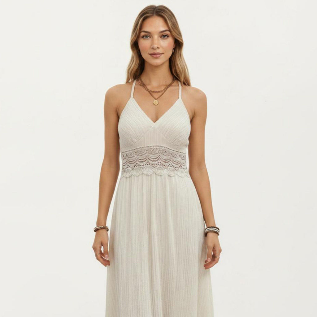 Anna-Kaci Women's Boho Crochet Lace Inset Maxi Dress with Keyhole Back