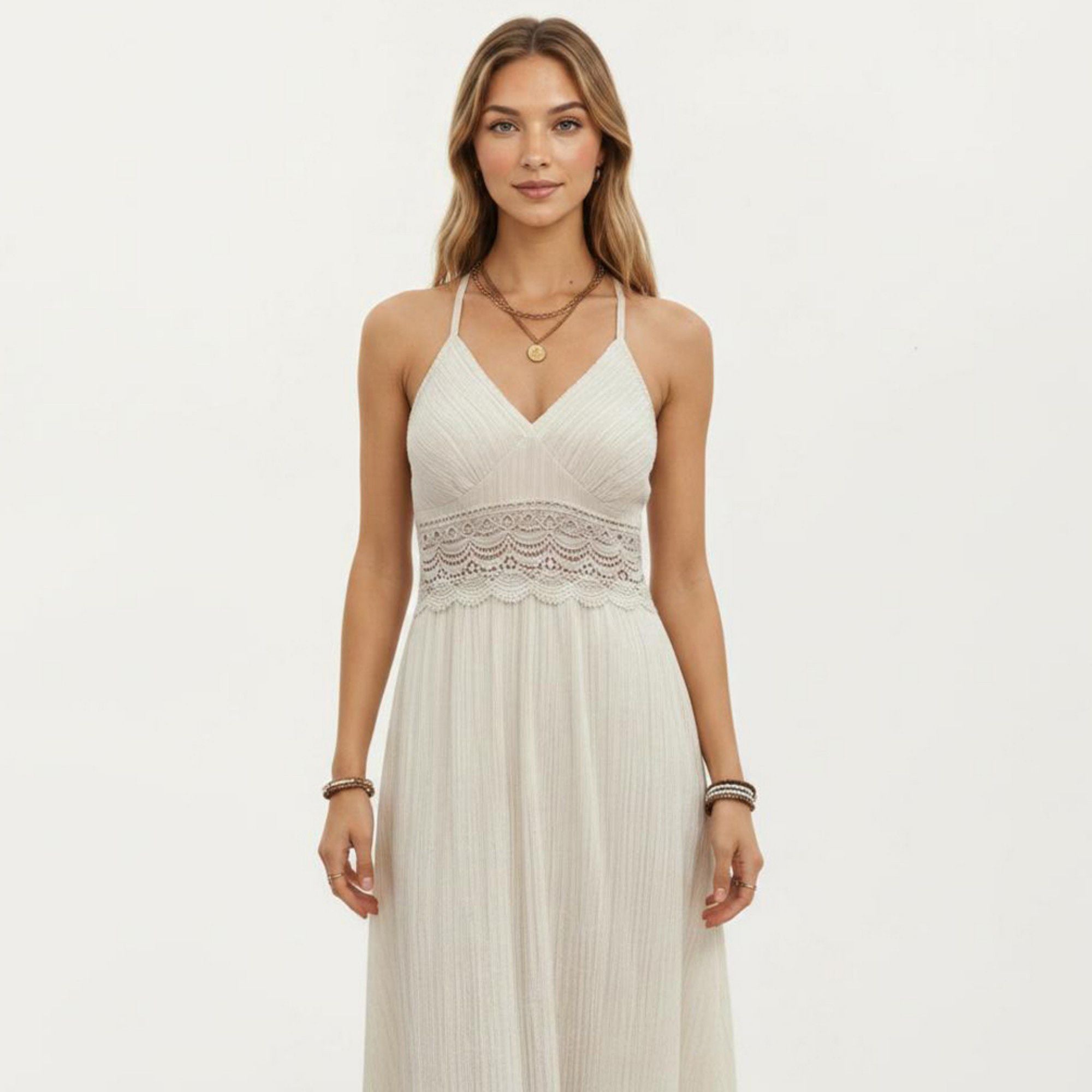 Anna-Kaci Women's Boho Crochet Lace Inset Maxi Dress with Keyhole Back