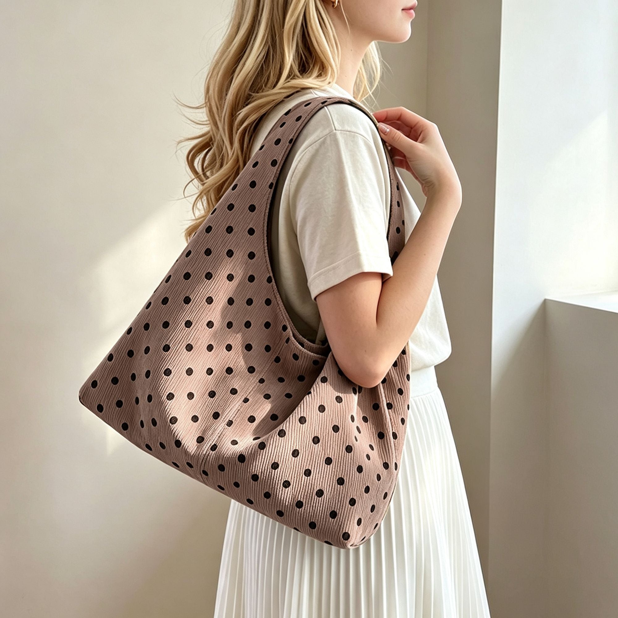 Polka Dot Corduroy Hobo Shoulder Bag with Wide Strap and Interior Pockets