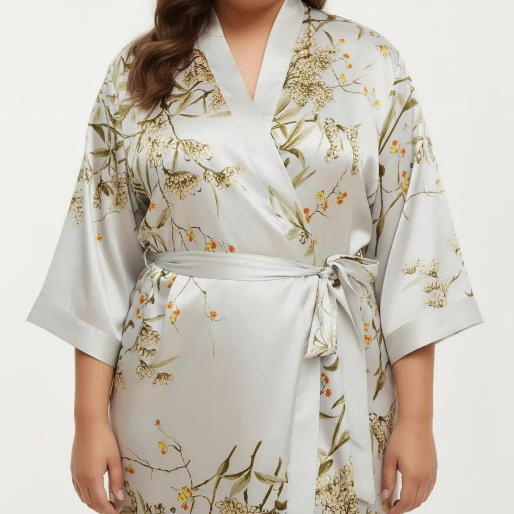 Anna-Kaci Lounge Women's Plus Size Satin Floral Kimono Robe with Self Tie Belt Longline Open Front Lightweight Sleepwear