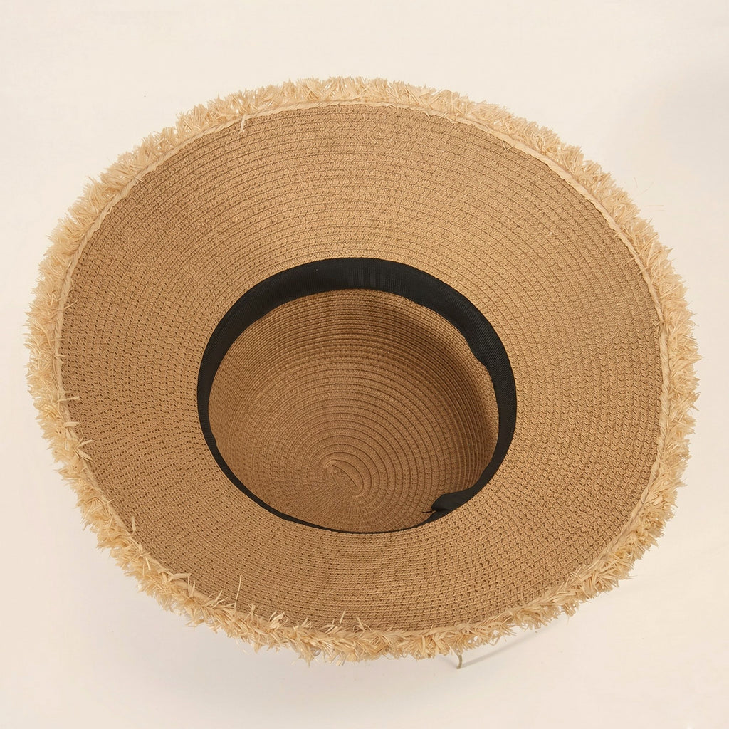 Straw Sun Hat Wide Brim Beaded Trim Summer Beach Vacation Hat Lightweight