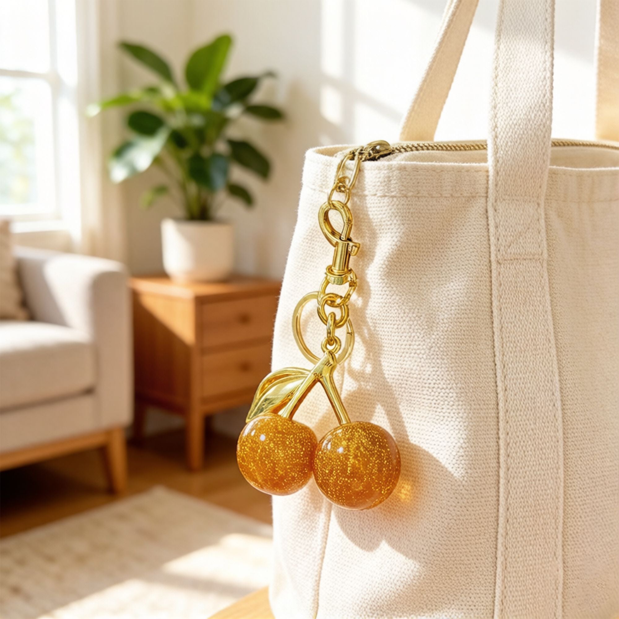 Cherry Charm Keychain with Glitter Fruit Pendant Gold Tone Clip and Key Ring Bag Accessory