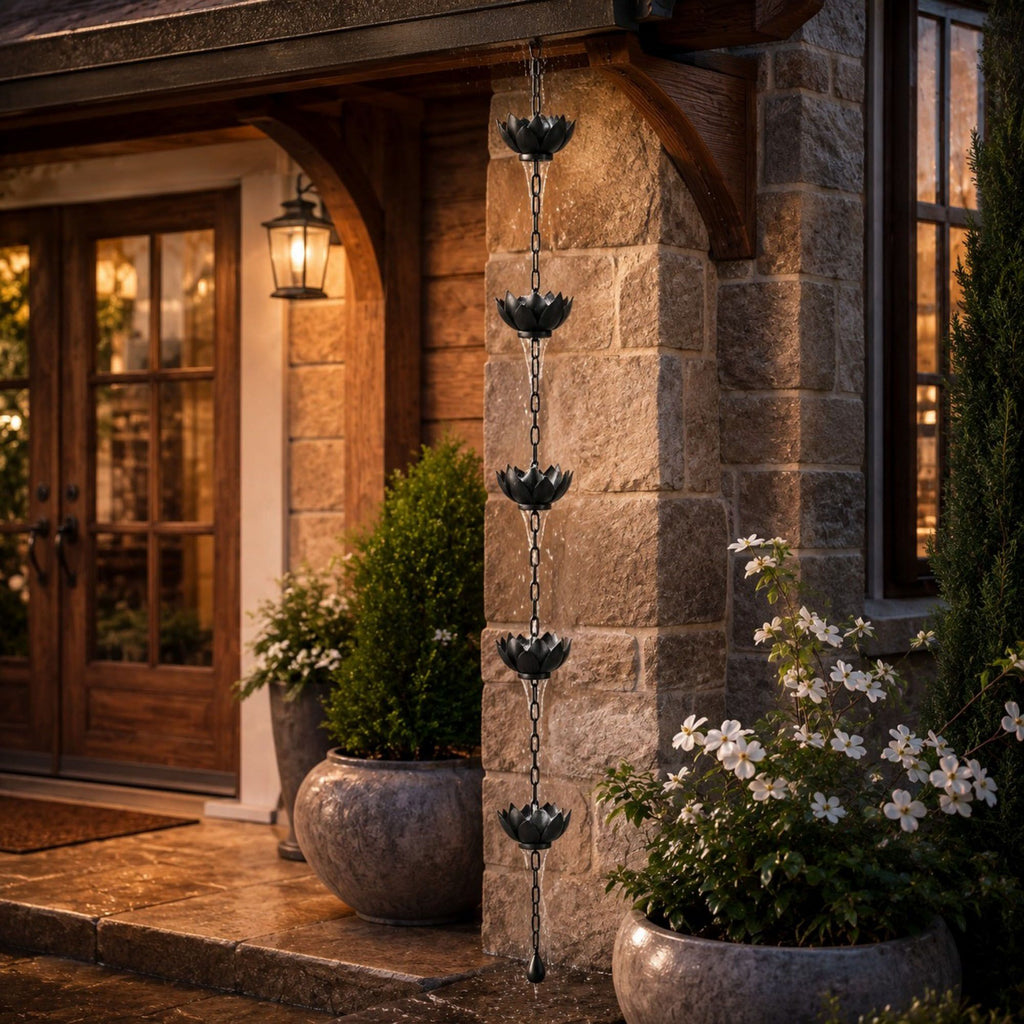 Black Lotus Rain Chain for Gutters