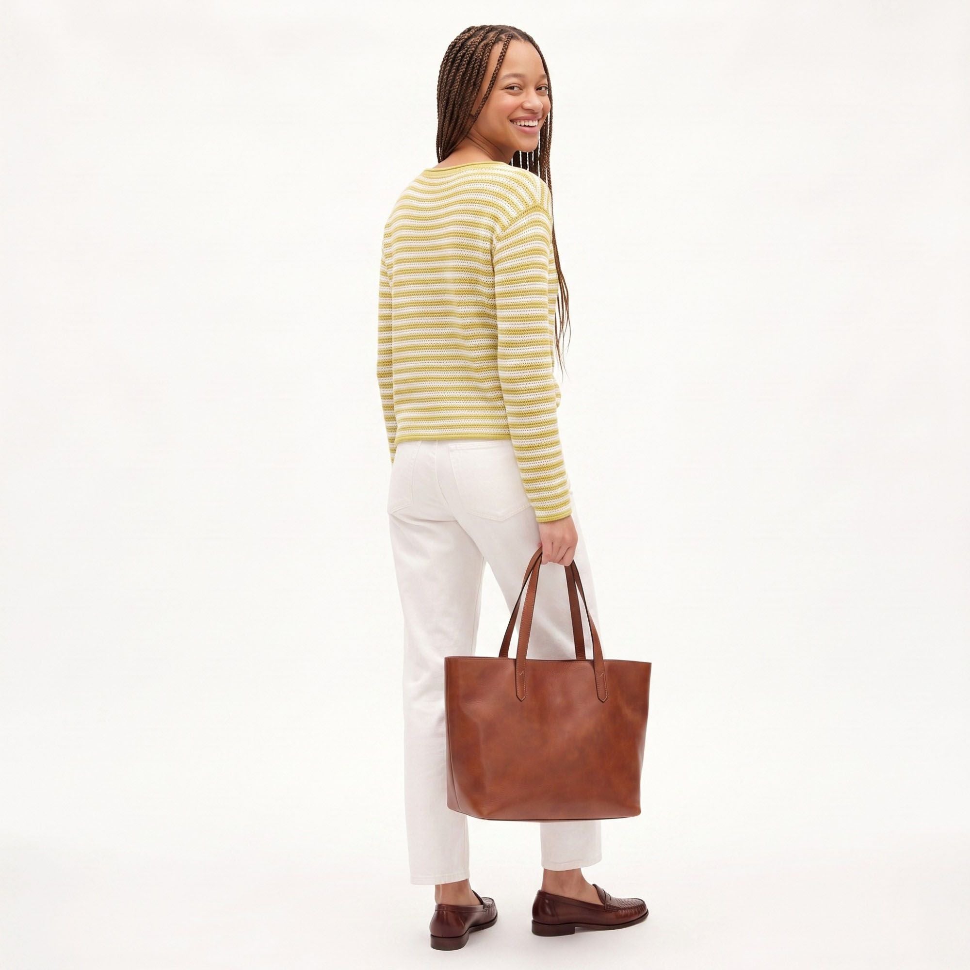 Striped Pointelle Knit Boat Neck Long Sleeve Sweater
