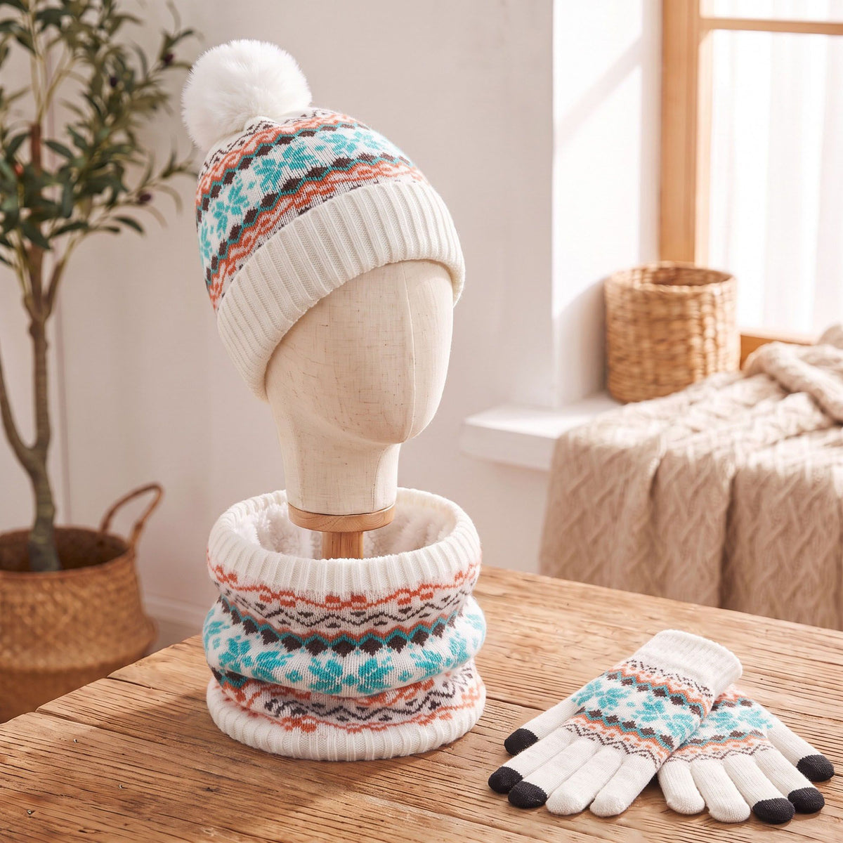 3 Piece Fair Isle Pom Beanie Neck Warmer and Gloves Set