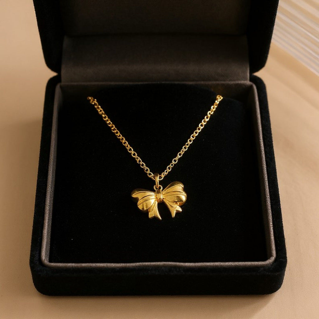 Bow Pendant Necklace with Sculpted Ribbon Charm Minimalist Chain Jewelry
