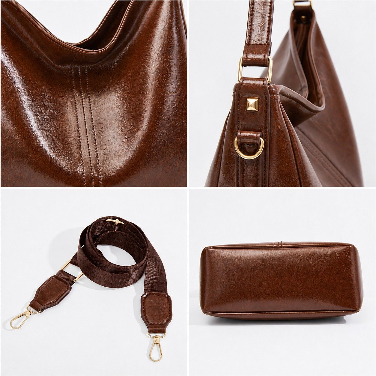 Faux Leather Hobo Shoulder Bag with Adjustable Strap and Zip Closure
