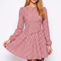Red Gingham Long Sleeve Open Back Bow Fit and Flare Mini Dress