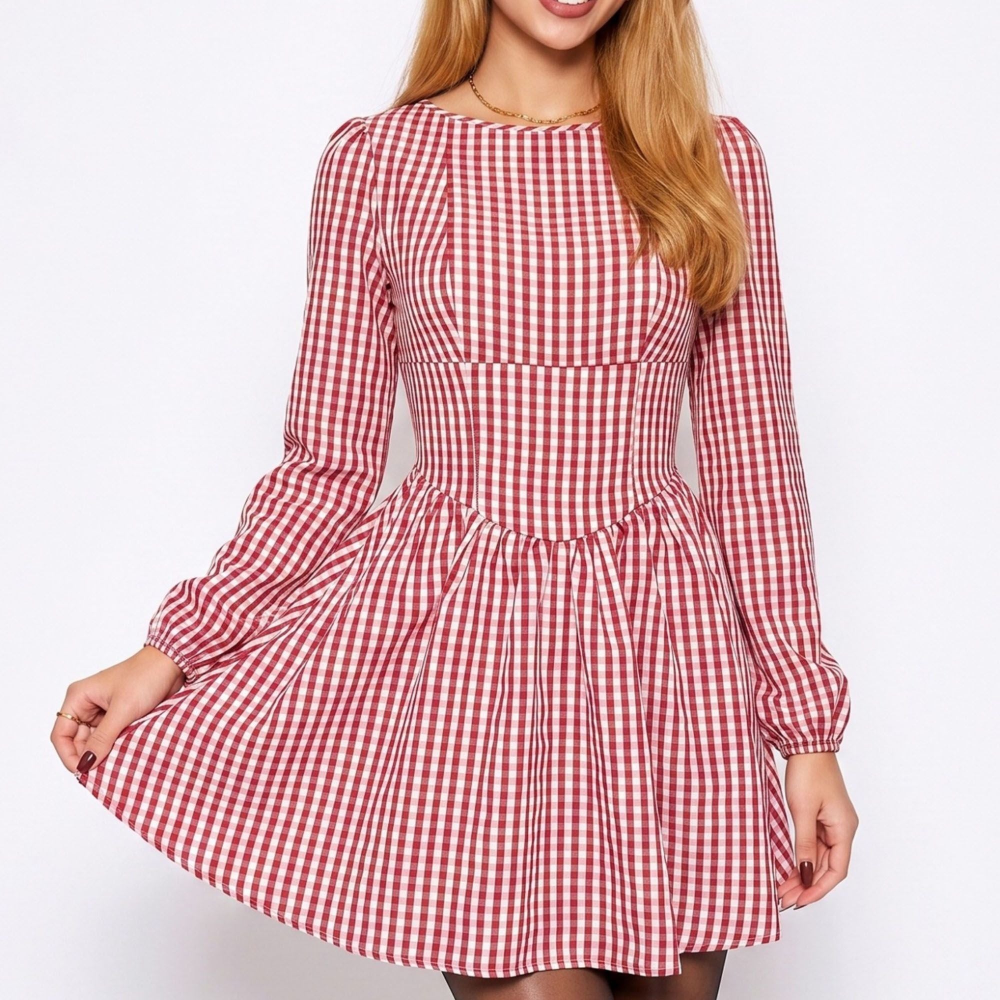 Red Gingham Long Sleeve Open Back Bow Fit and Flare Mini Dress