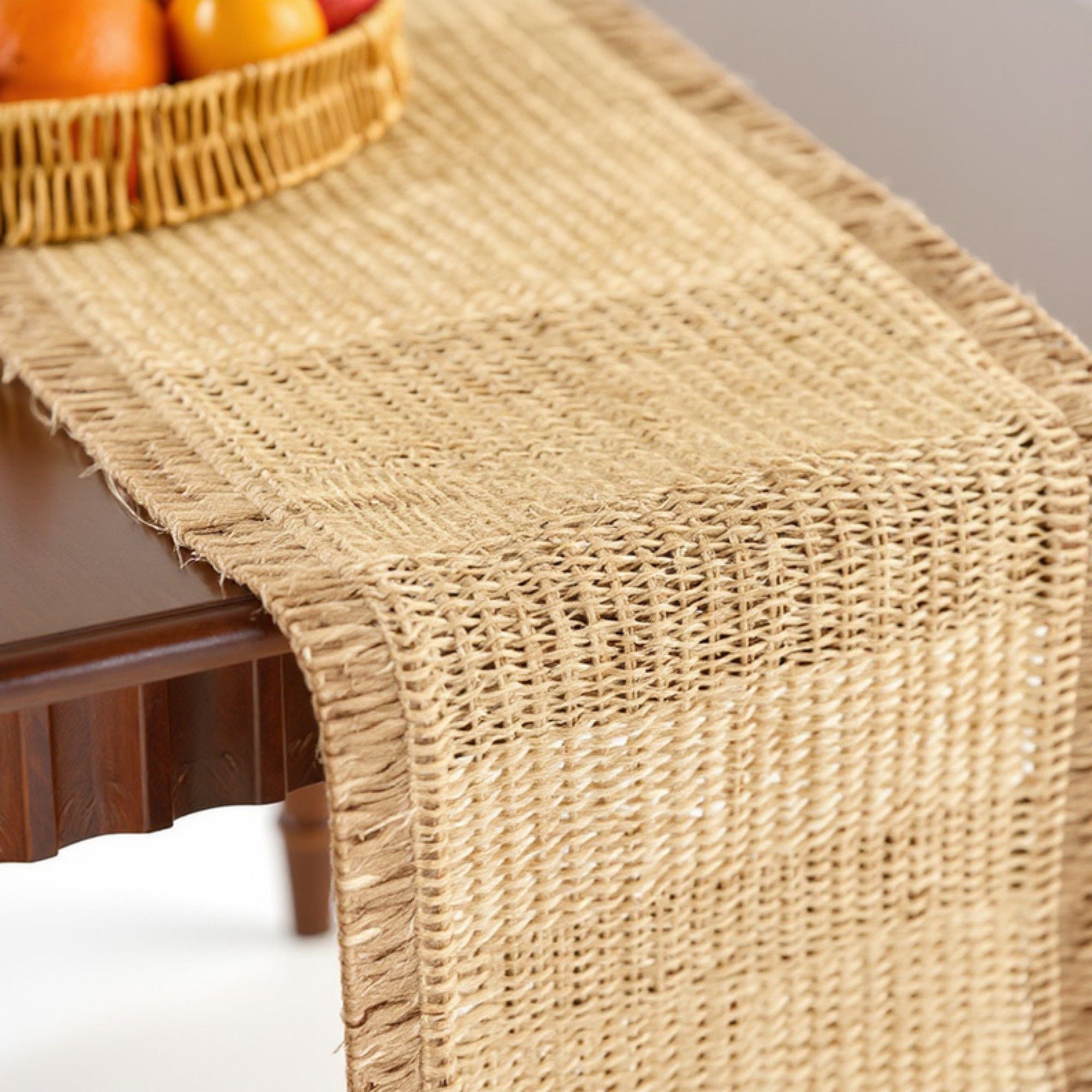 Textured Woven Table Runner with Fringe Trim and Neutral Stripe Pattern 47x11.8 in