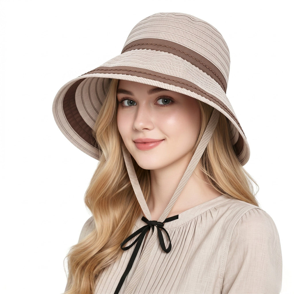 Striped Bucket Sun Hat Wide Brim Adjustable Chin Strap Packable Beach Hat