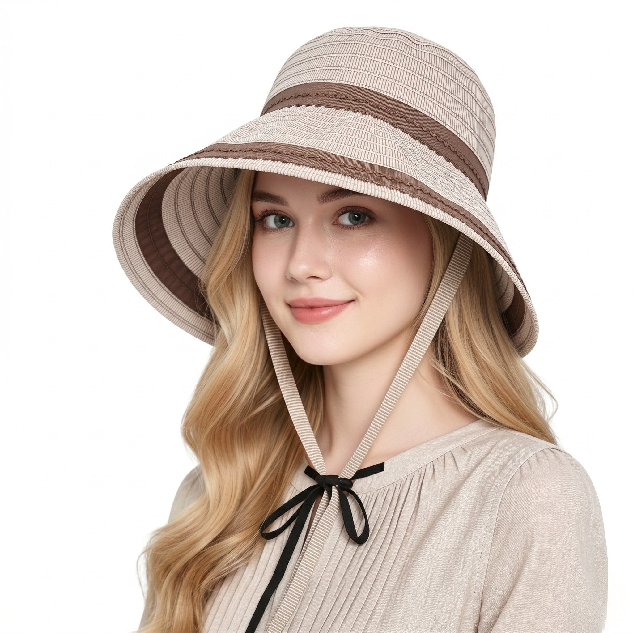 Striped Bucket Sun Hat Wide Brim Adjustable Chin Strap Packable Beach Hat