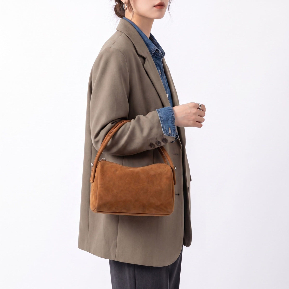 Faux Suede Satchel Bag with Detachable Crossbody Strap Beige
