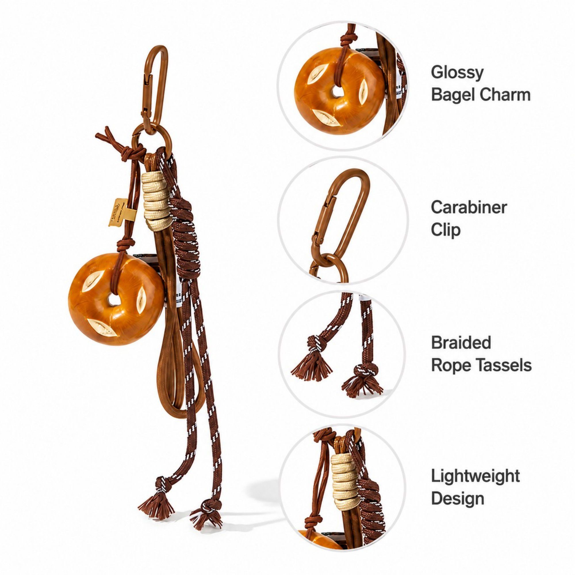 Pretzel Keychain Bag Charm with Brown Cord Tassel Carabiner Clip and Gold Tone Accent