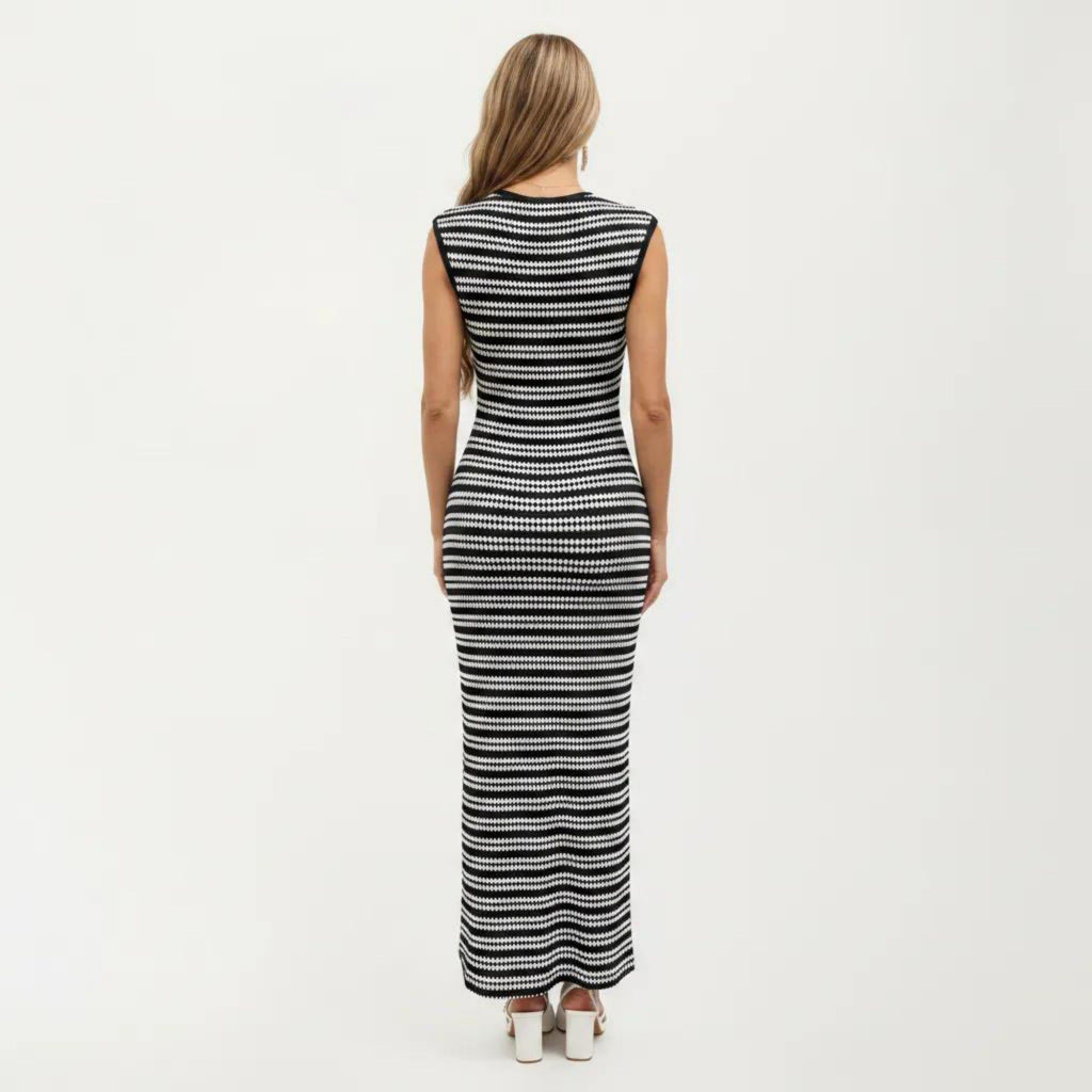 Anna-Kaci Women's Sleeveless Crew Neck Striped Knit Column Maxi Dress