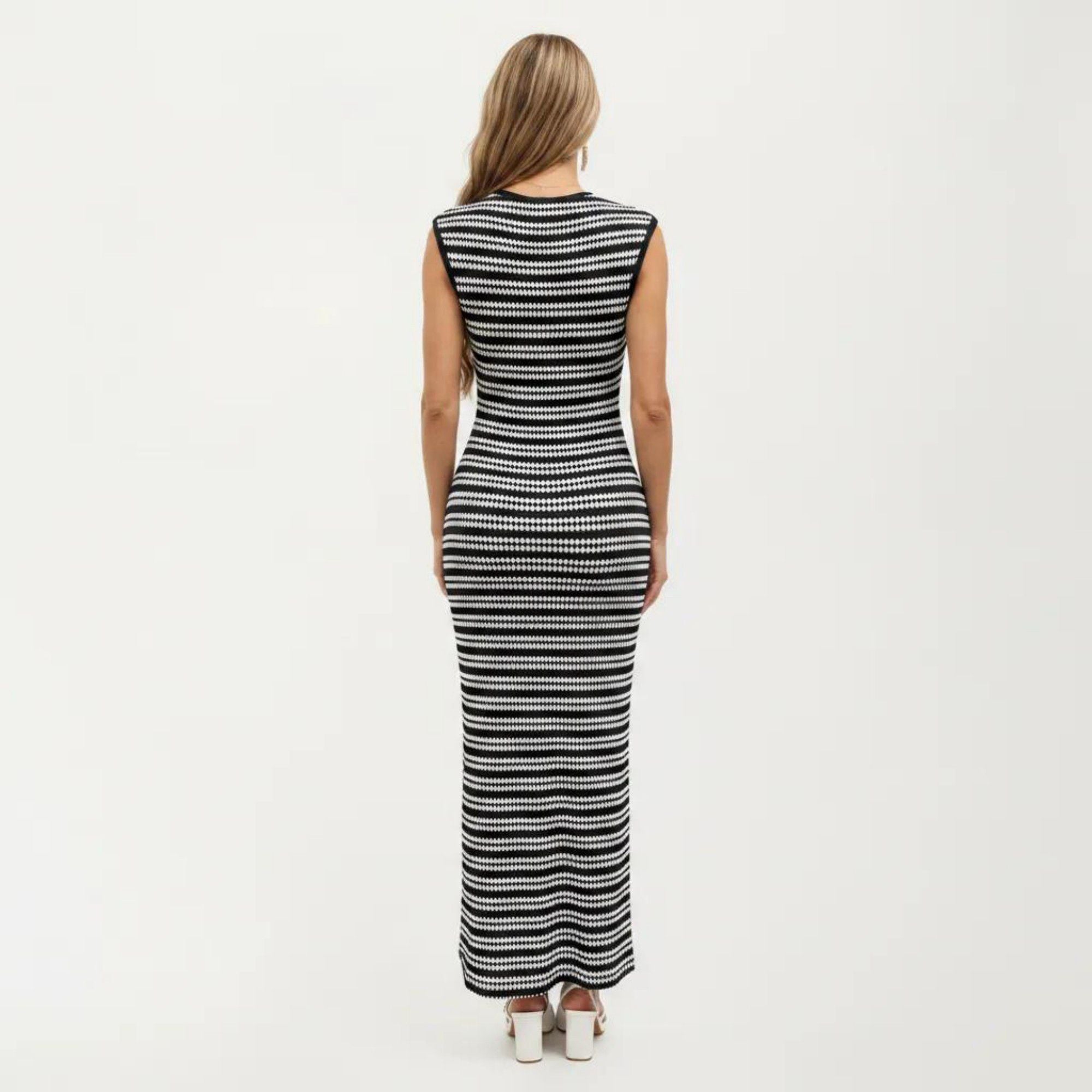 Anna-Kaci Women's Sleeveless Crew Neck Striped Knit Column Maxi Dress