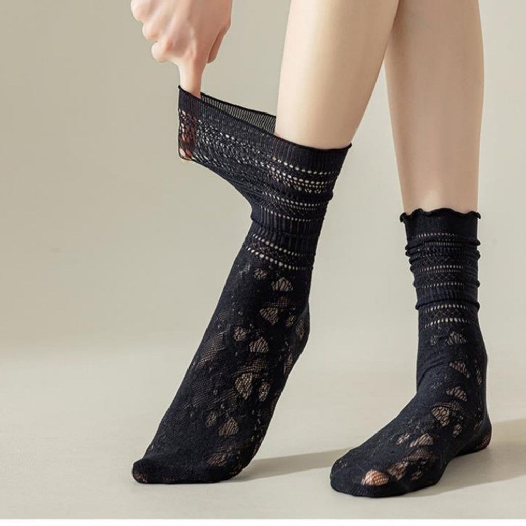 Anna-Kaci Women's Lace Liner Socks with Elastic Cuff and Floral Mesh Detail Soft Stretch 2-Pack
