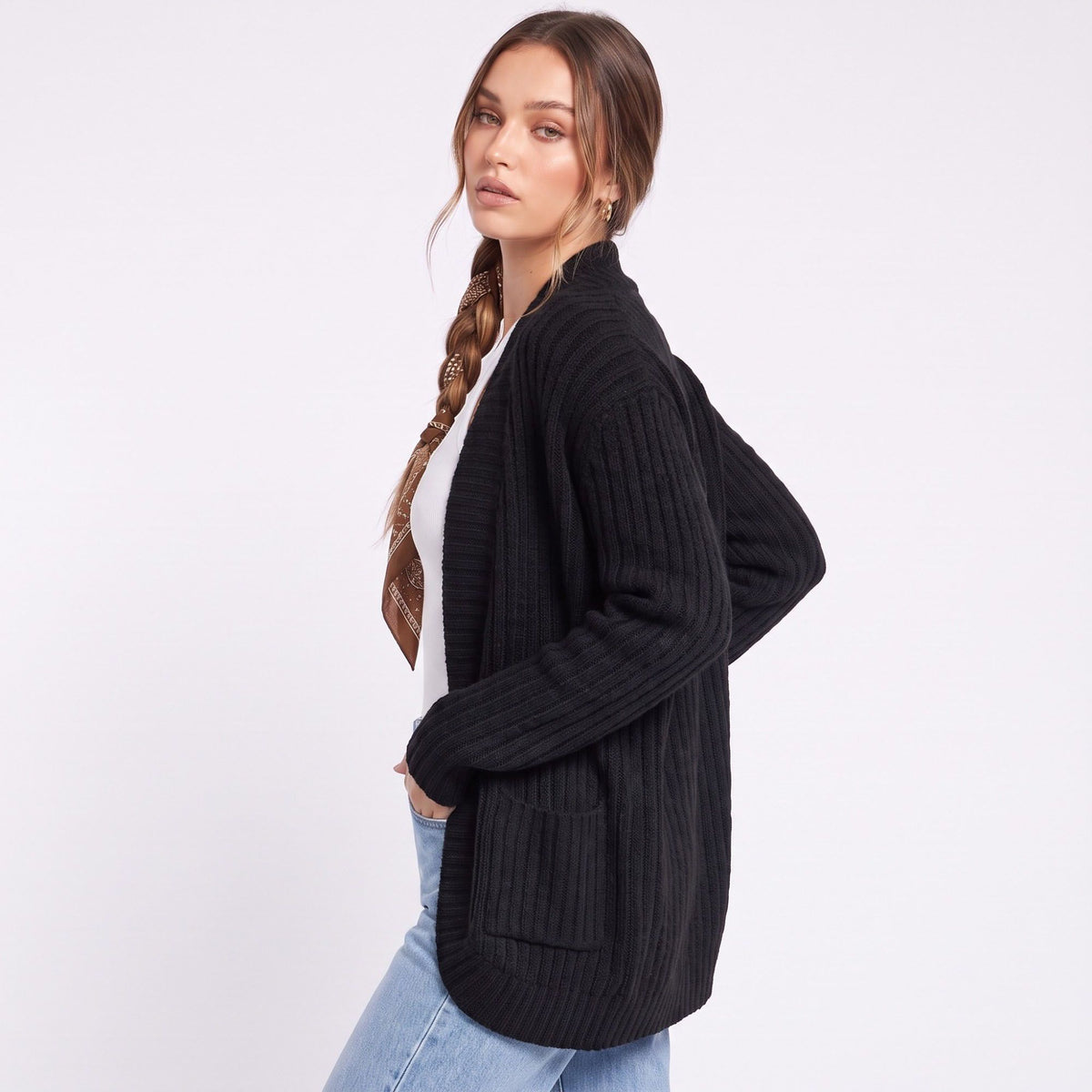 Open Front Ribbed Knit Cardigan with Pockets