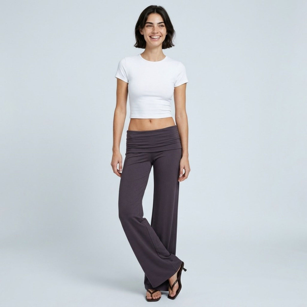 Foldover Waistband Full-Length Wide-Leg Trousers