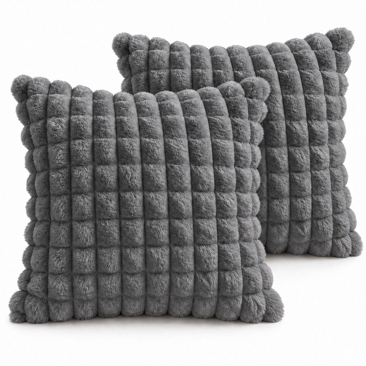 2 Pack Plush Faux Fur Bubble Grid Throw Pillow Covers 18 x 18 Inch for Couch and Bed