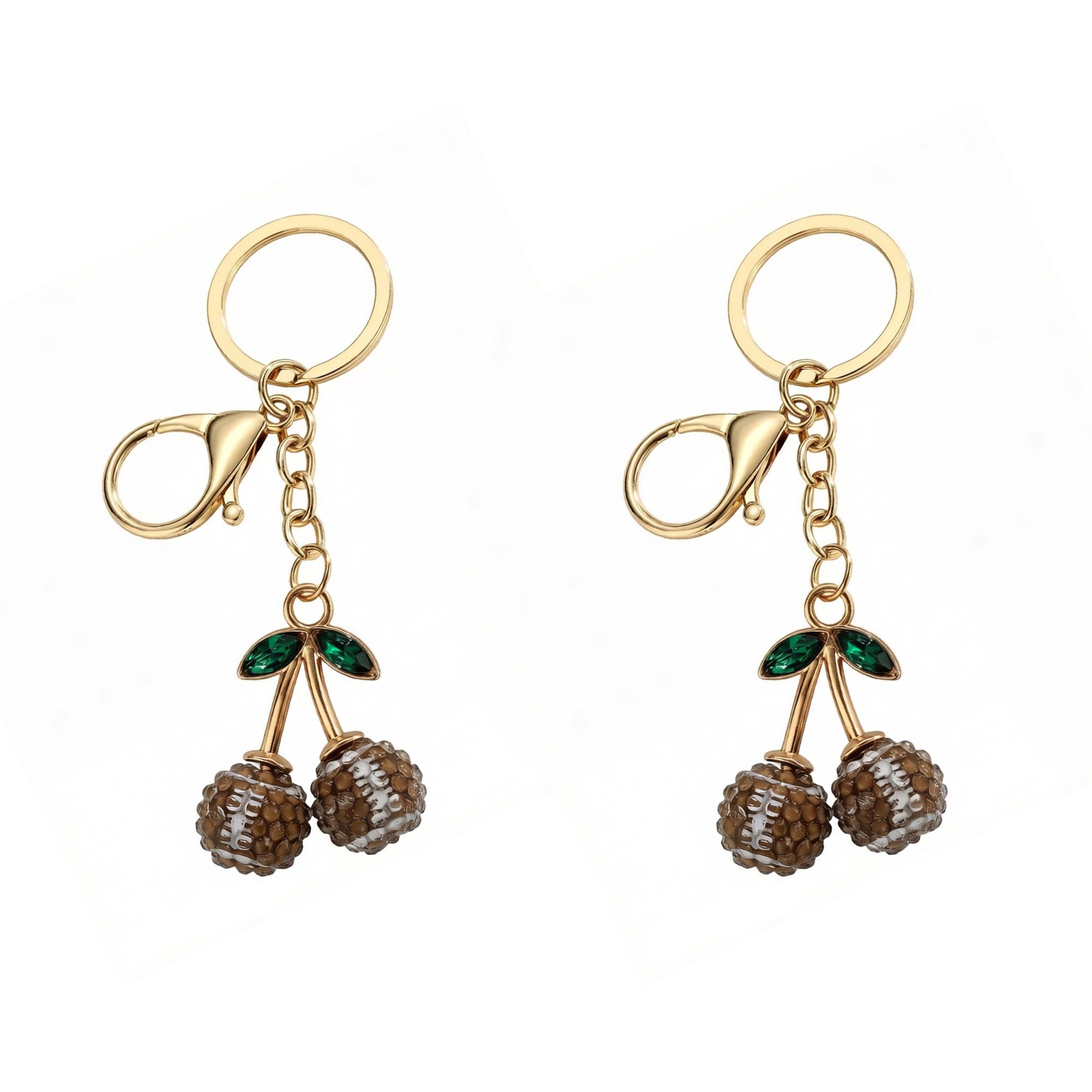 2 Pack Sports Ball Cherry Keychains with Gold Tone Clip and Leaf Charm