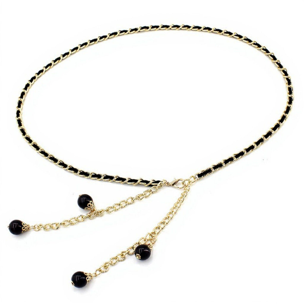Anna-Kaci Women's Chain Link Belt with Interwoven Detail and Hanging Bead Charms 45.5in