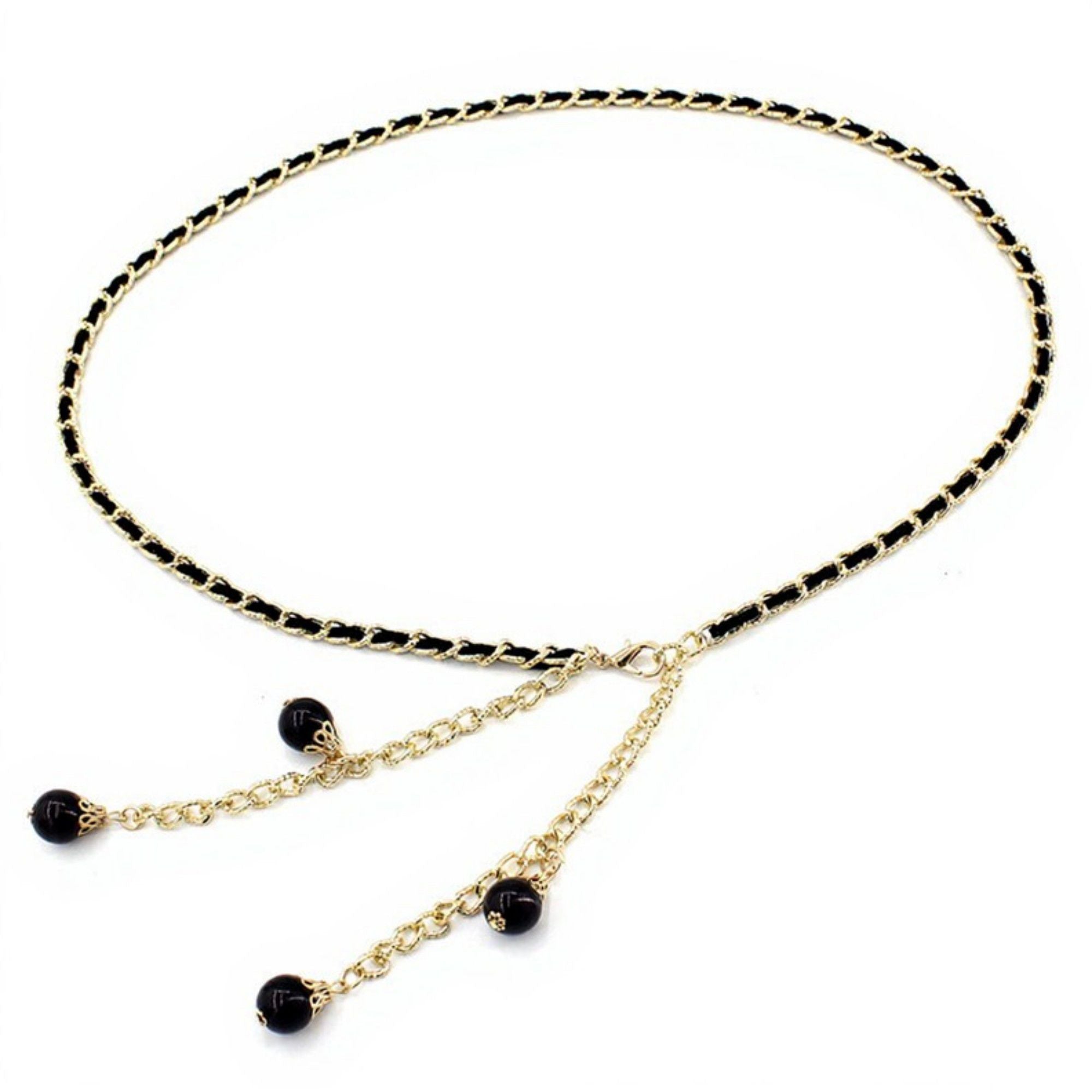 Anna-Kaci Women's Chain Link Belt with Interwoven Detail and Hanging Bead Charms 45.5in