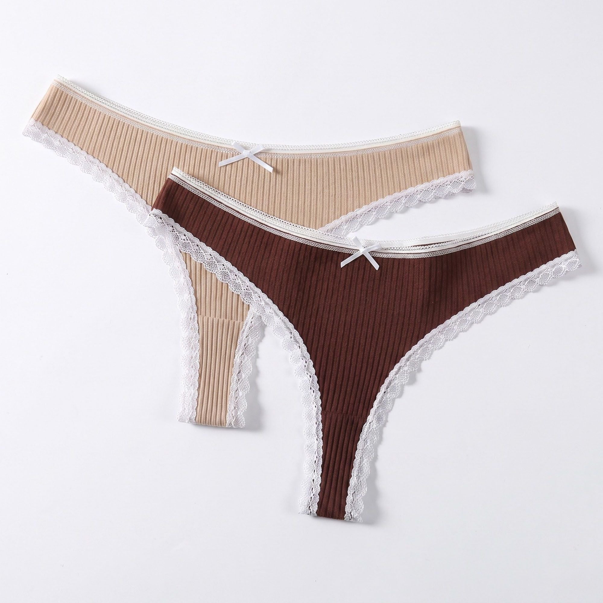 Anna-Kaci Womens 2 Pack Ribbed Lace Trim Thong Underwear