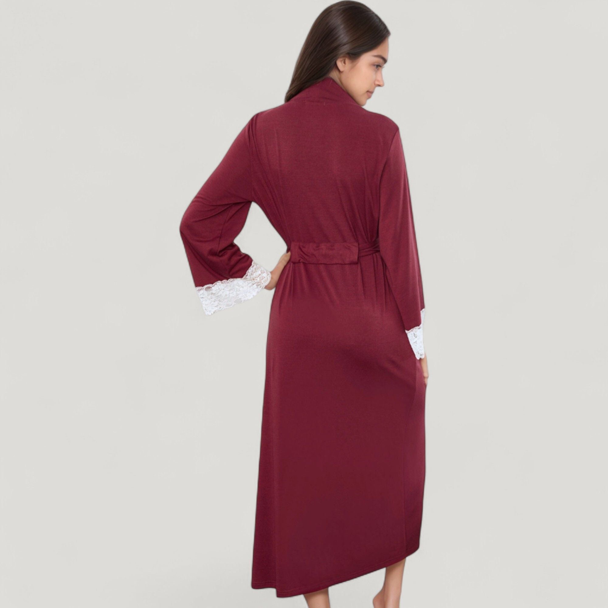 Anna-Kaci Lounge Women's Long Wrap Robe with Waist Tie and Contrast Lace Trim Sleeves
