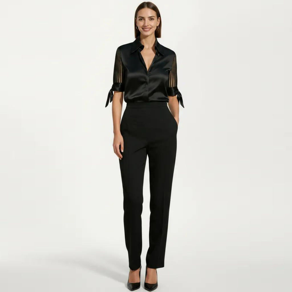 Anna-Kaci Women's Satin Collared Blouse with Sheer Stripe Sleeves and Bow Tie Cuffs