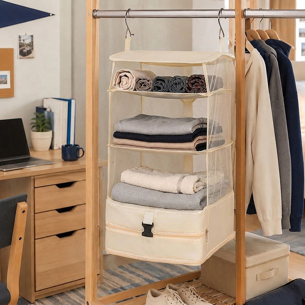 3 Shelf Hanging Closet Organizer with Zipper Storage Compartment and Hooks