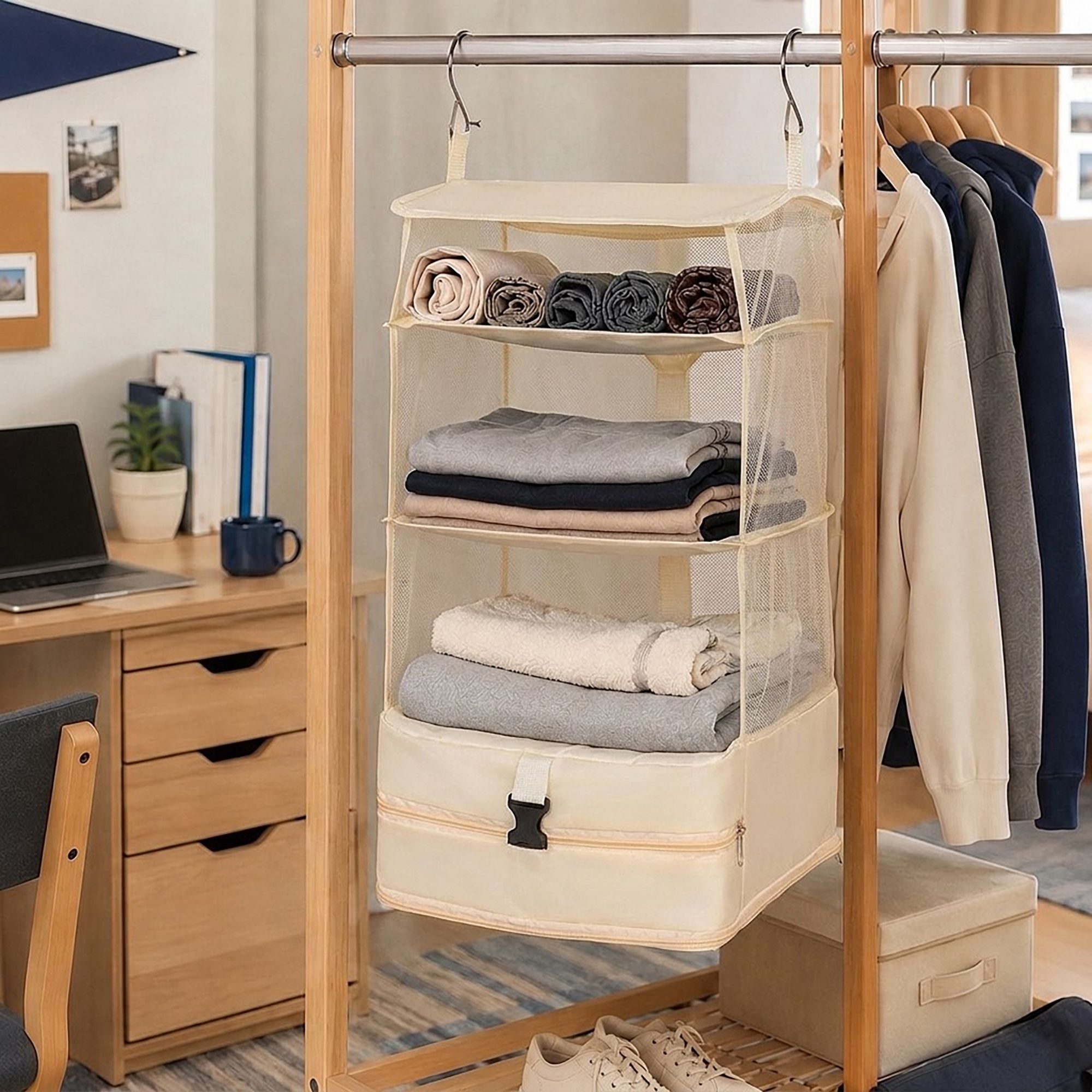 3 Shelf Hanging Closet Organizer with Zipper Storage Compartment and Hooks