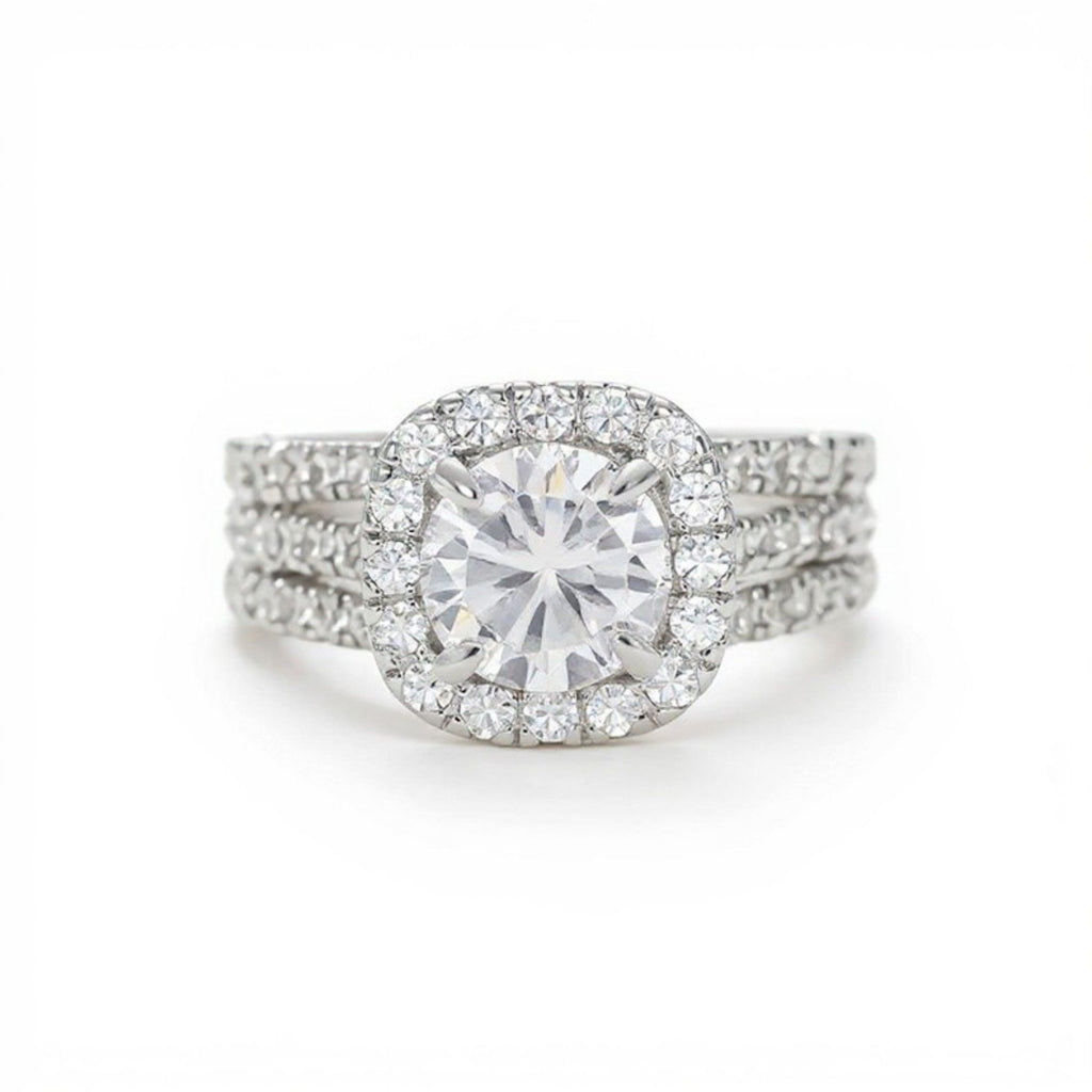 Women's Cushion Halo Engagement Ring with Round Cut Center Stone and Triple Band Design