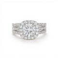 Women's Cushion Halo Engagement Ring with Round Cut Center Stone and Triple Band Design
