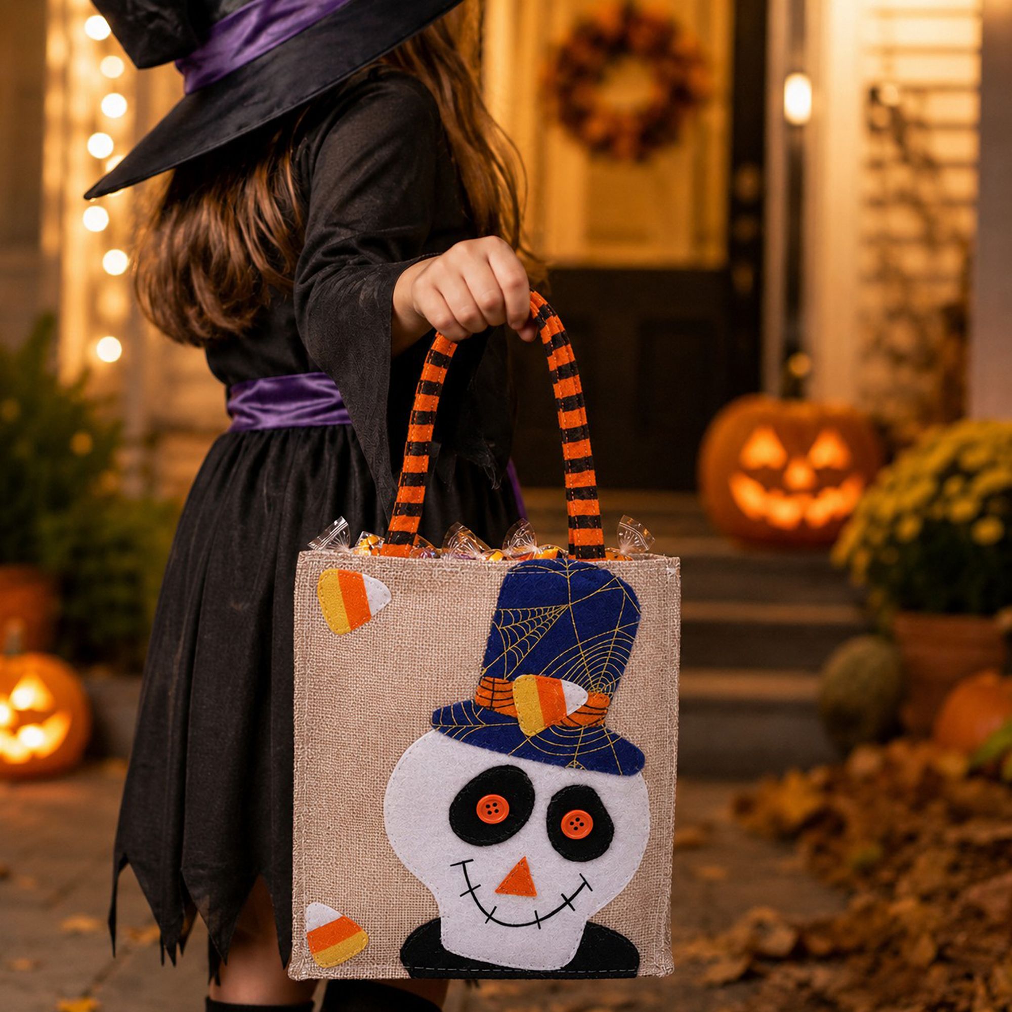 Halloween Burlap Trick or Treat Tote Bag with Character Applique