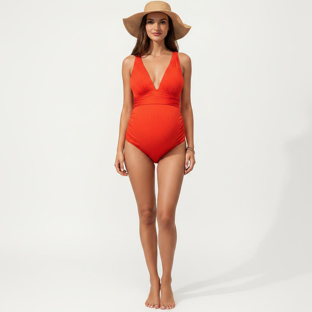 Anna-Kaci Swim Women's Maternity Ribbed One-Piece Swimsuit with Plunging Neckline and Ruched Waist